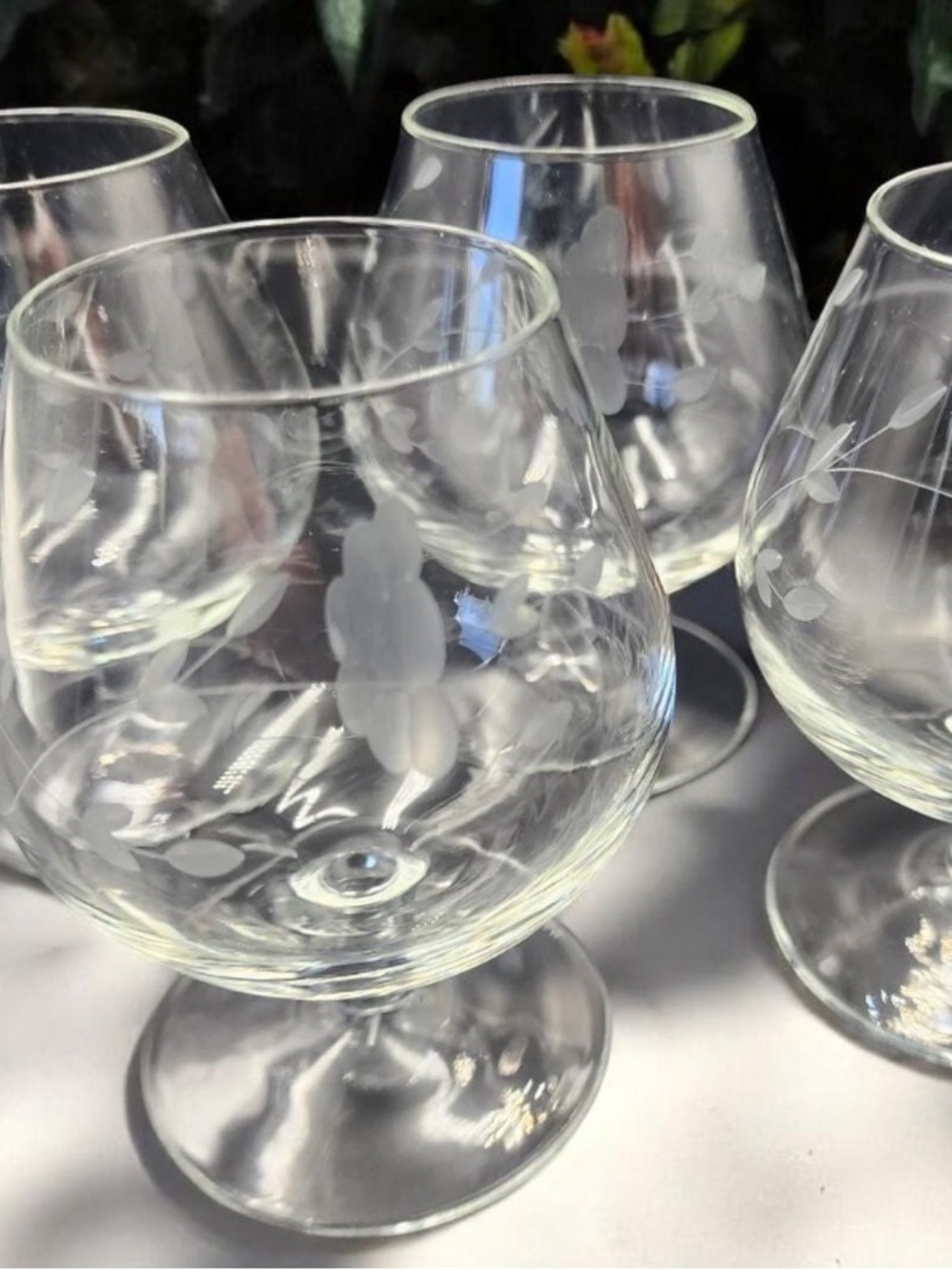 Princess House Etched Clear crystal Brandy Snifters - Floral Motif, Set of 4